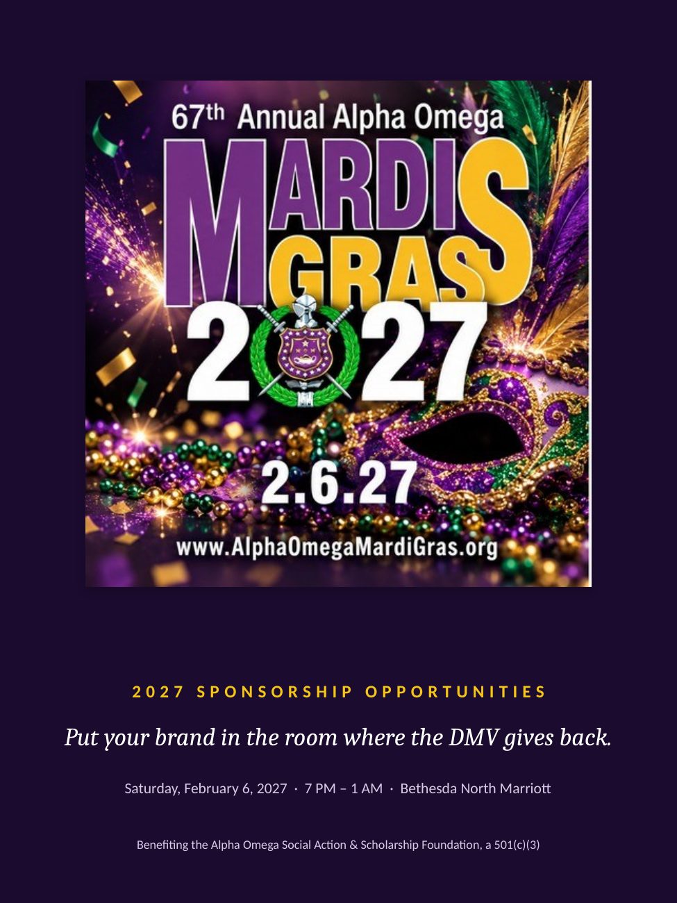 Cover: 67th Annual Alpha Omega Mardi Gras 2027 square flyer, 2.6.27 — 2027 Sponsorship Opportunities. Saturday, February 6, 2027, Bethesda North Marriott.