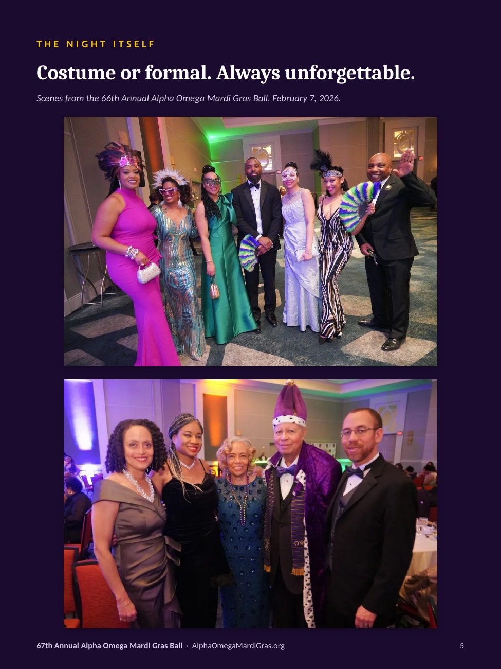 The night itself: guests in costume and formal wear at the 66th Annual Alpha Omega Mardi Gras Ball, February 7, 2026.