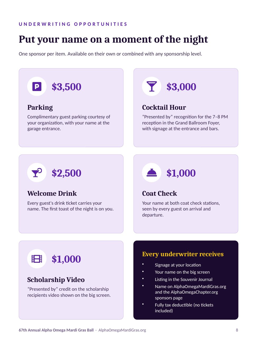 Underwriting opportunities, one sponsor each: Parking $3,500, Cocktail Hour $3,000, Welcome Drink $2,500, Coat Check $1,000 and Scholarship Video $1,000.