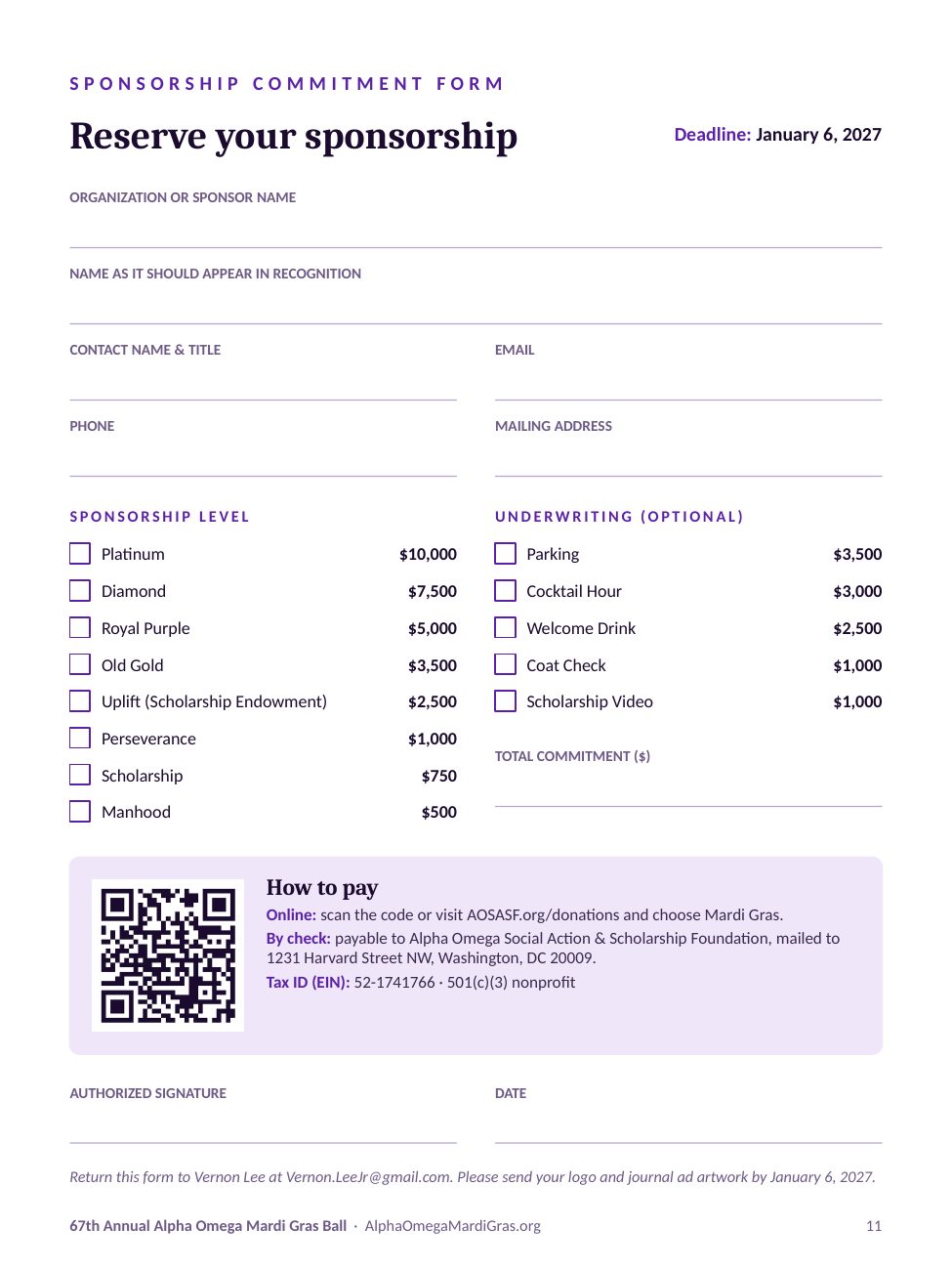 Printable sponsorship commitment form with sponsor details, level and underwriting checkboxes, payment instructions and signature line.